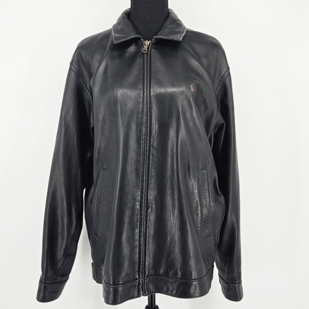 Polo Ralph Lauren Black Leather Jacket Houndstooth Bomber Harrington VTG 90s S